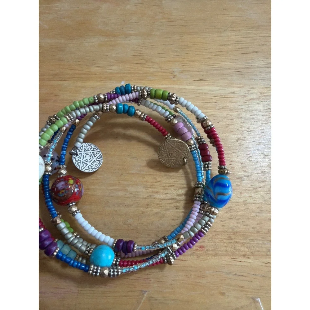 Boho Multi Strand Beaded Wrap Bracelet  Coin Charms Rainbow Eclectic Stack